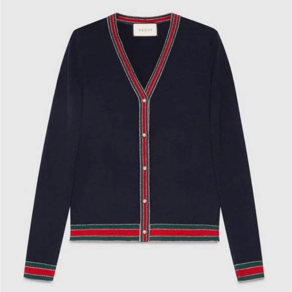 SOLD Gucci Navy Wool Knit Cardigan Size Small - Picture 1 of 10